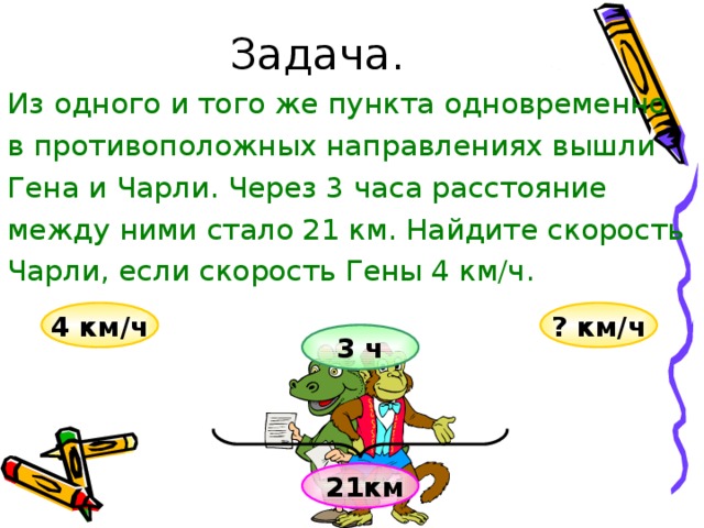 Задача. Из одного и того же пункта одновременно в противоположных направлениях вышли Гена и Чарли. Через 3 часа расстояние между ними стало 21 км. Найдите скорость Чарли, если скорость Гены 4 км/ч. 4 км/ч ? км/ч 3 ч  21км