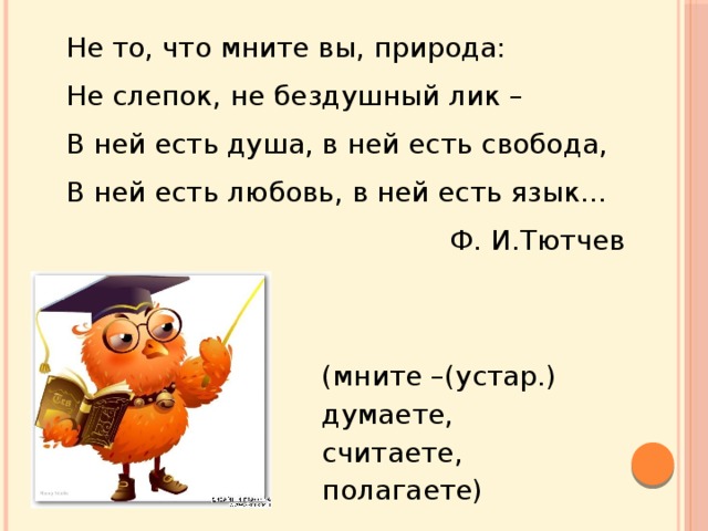 Не то, что мните вы, природа: Не слепок, не бездушный лик – В ней есть душа, в ней есть свобода, В ней есть любовь, в ней есть язык…  Ф. И.Тютчев (мните –(устар.) думаете, считаете, полагаете)