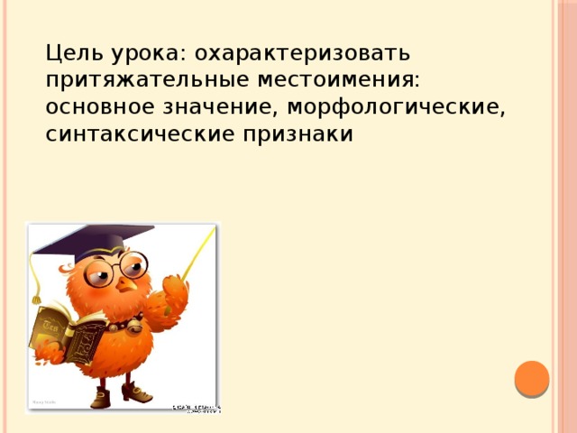 Цель урока: охарактеризовать притяжательные местоимения: основное значение, морфологические, синтаксические признаки