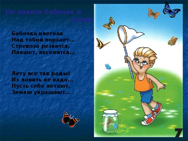 Не ловите бабочек и  стрекоз Бабочка цветная Над тобой порхает… Стрекоза резвится, Пляшет, веселится… Лету все так рады! Их ловить не надо… Пусть себе летают, Землю украшают…