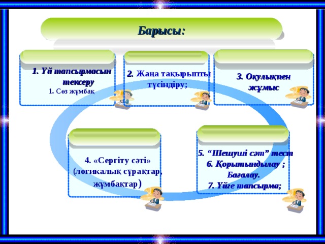 Барысы: 1. Үй тапсырмасын тексеру 1. Сөз жұмбақ   2 . Жаңа тақырыпты түсіндіру; 3 . Оқулықпен жұмыс 5. “Шешуші сәт” тест 6 . Қорытындылау ; Бағалау. 7 . Үйге тапсырма;  4 . «Сергіту сәті» (логикалық сұрақтар, жұмбақтар )