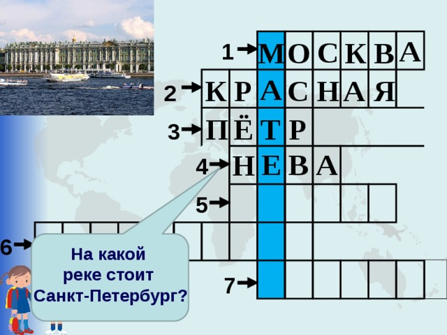 А С О М К В 1 А Н Р Я К А С 2 П Т Ё Р 3 Е В А Н 4 5 6 На какой реке стоит Санкт-Петербург? 7