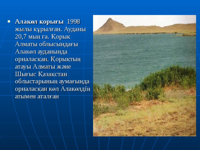 Алакөл қорығы 1998 жылы құрылған. Ауданы 20,7 мың га. Қорық Алматы облысындағы Алакөл ауданында орналасқан. Қорықтың атауы Алматы және Шығыс Қазақстан облыстарының аумағында орналасқан көл Алакөлдің атымен аталған