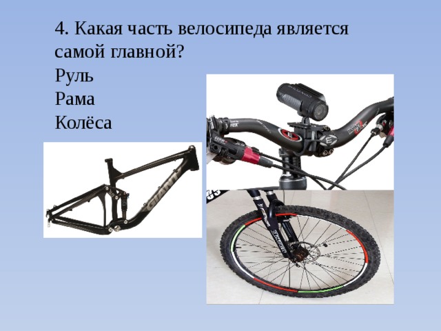 4. Какая часть велосипеда является самой главной? Руль Рама Колёса
