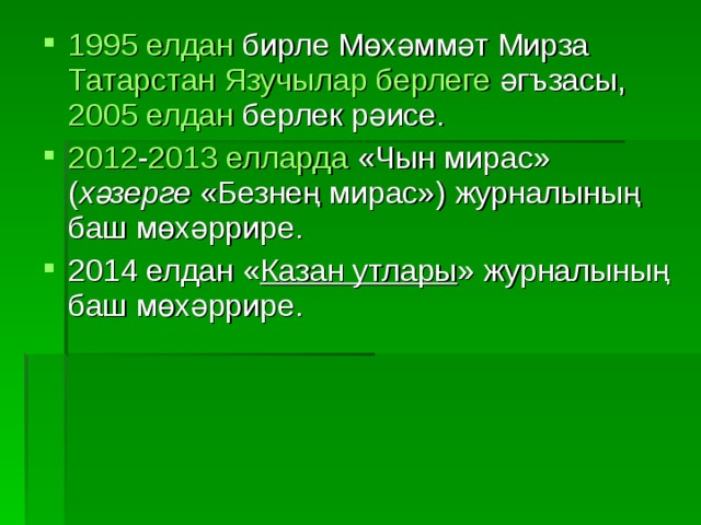 1995 елдан  бирле Мөхәммәт Мирза  Татарстан Язучылар берлеге  әгъзасы,  2005 елдан  берлек рәисе. 2012 - 2013 елларда  «Чын мирас» ( хәзерге  «Безнең мирас») журналының баш мөхәррире. 2014 елдан « Казан утлары