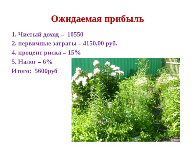 Ожидаемая прибыль 1. Чистый доход – 10550 2. первичные затраты – 4150,00 руб. 4. процент риска – 15% 5. Налог – 6% Итого: 5600руб