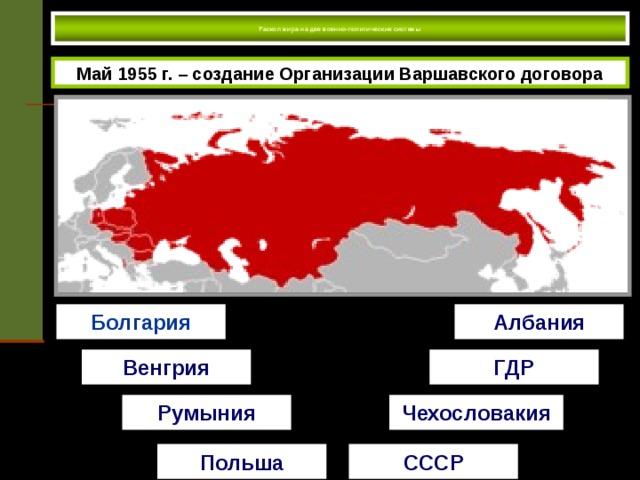 Раскол мира на две военно-политические системы   Май 1955 г. – создание Организации Варшавского договора Болгария Албания Венгрия ГДР Румыния Чехословакия Польша СССР Карта расширения НАТО