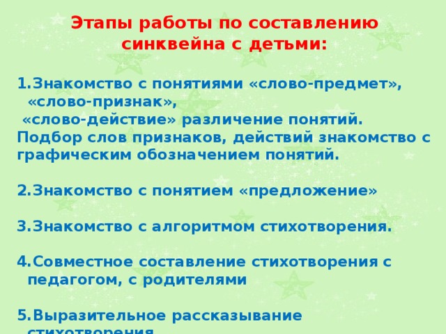 Этапы работы по составлению синквейна с детьми: Знакомство с понятиями «слово-предмет», «слово-признак»,  «слово-действие» различение понятий. Подбор слов признаков, действий знакомство с графическим обозначением понятий.  Знакомство с понятием «предложение»  Знакомство с алгоритмом стихотворения.  Совместное составление стихотворения с педагогом, с родителями