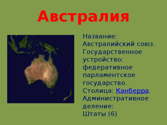 Австралия Название: Австралийский союз. Государственное устройство: федеративное парламентское государство. Столица: Канберра . Административноe деление: Штаты (6)