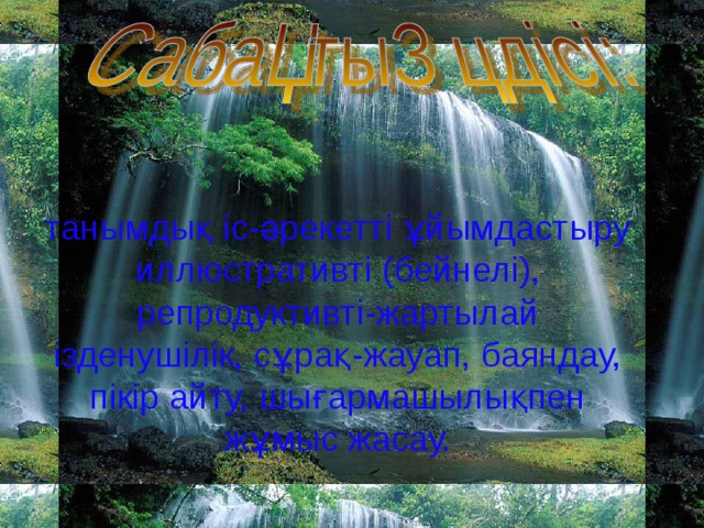 танымдық іс-әрекетті ұйымдастыру иллюстративті (бейнелі), репродуктивті-жартылай ізденушілік, сұрақ-жауап, баяндау, пікір айту, шығармашылықпен жұмыс жасау.