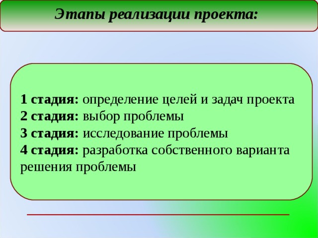 Этапы реализации проекта: 1 стадия: определение целей и задач проекта 2 стадия: выбор проблемы 3 стадия: исследование проблемы 4 стадия: разработка собственного варианта решения проблемы