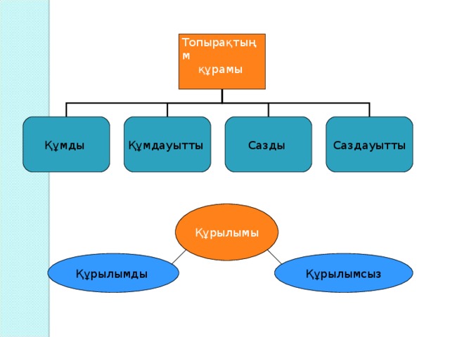 Топырақтың м еханикалық құрамы құрамы Құмды Құмдауытты Сазды Саздауытты Құрылымы Құрылымды Құрылымсыз