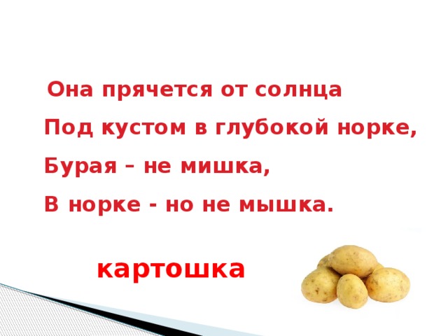 Она прячется от солнца  Под кустом в глубокой норке,  Бурая – не мишка,  В норке - но не мышка.  картошка