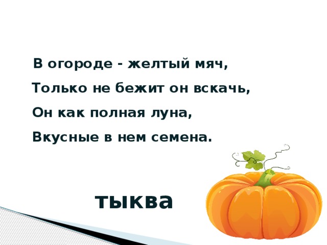 В огороде - желтый мяч,  Только не бежит он вскачь,  Он как полная луна,  Вкусные в нем семена.   тыква