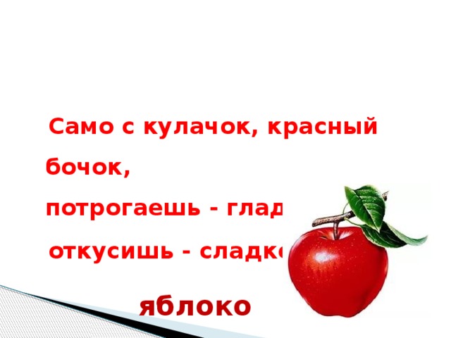 Само с кулачок, красный бочок,  потрогаешь - гладко,  откусишь - сладко.  яблоко