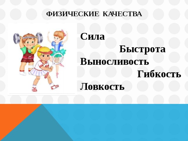 ФИЗИЧЕСКИЕ КАЧЕСТВА Сила  Быстрота Выносливость  Гибкость Ловкость