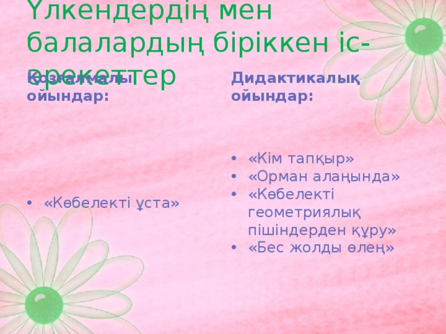 Үлкендердің мен балалардың біріккен іс-әрекеттер Қозғалмалы ойындар: Дидактикалық ойындар: