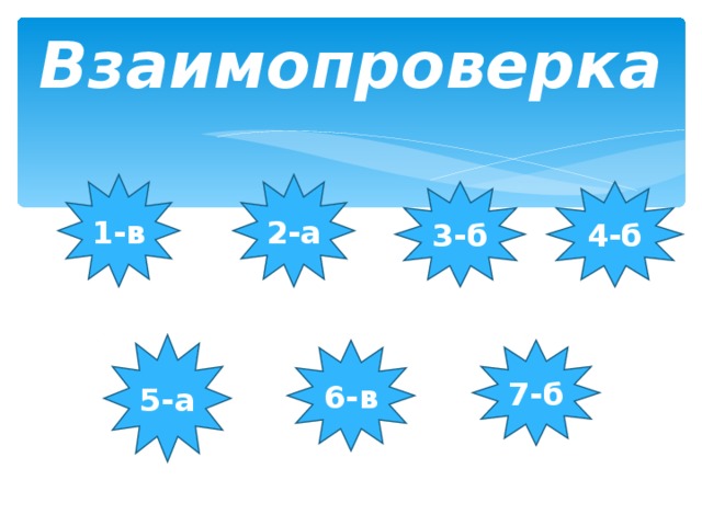 Взаимопроверка 1-в 2-а 3-б 4-б 5-а 6-в 7-б