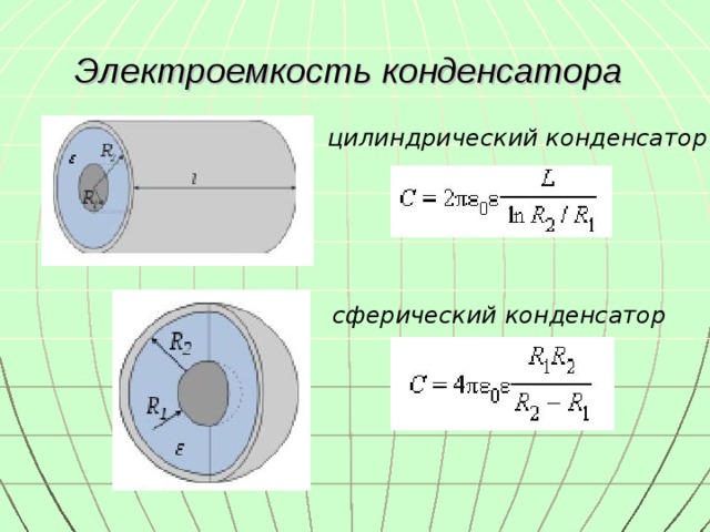Электроемкость конденсатора цилиндрический конденсатор  сферический конденсатор