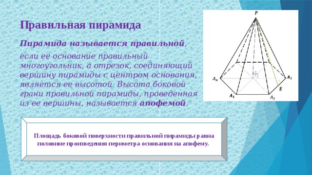 Правильная пирамида Пирамида называется правильной , если ее основание правильный многоугольник, а отрезок, соединяющий вершину пирамиды с центром основания, является ее высотой. Высота боковой грани правильной пирамиды, проведенная из ее вершины, называется  апофемой . Площадь боковой поверхности правильной пирамиды равна половине произведения периметра основания на апофему.