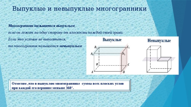 Выпуклые и невыпуклые многогранники Многогранник называется выпуклым , если он лежит по одну сторону от плоскости каждой своей грани. Если это условие не выполняется, то многогранник называется  невыпуклым . Отметим ,что в выпуклом многограннике сумма всех плоских углов при каждой его вершине меньше 360°.