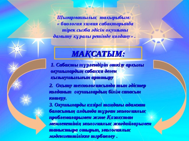 Шығармашылық тақырыбым: « биология химия сабақтарында тірек сызба әдісін оқушыны дамыту құралы ретінде қолдану» .  МАҚСАТЫМ: 1. Сабақты түрлендіріп өткізу арқылы оқушылардың сабаққа деген қызығушылығын арттыру 2. Оқыту технологиясында тын әдістер колданып оқушылардың білім сапасын көтеру. 3. Оқушыларды қазіргі таңдағы адамзат баласының алдында тұрған экологиялық проблемаларымен және Қазақстан мемлекетінің экологиялық жағдайларымен таныстыра отырып, экологиялық мәдениеттілікке тәрбиелеу .