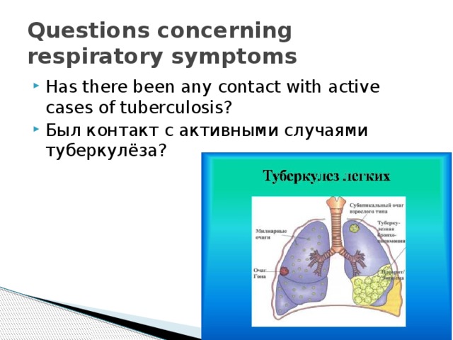 Questions concerning respiratory symptoms Has there been any contact with active cases of tuberculosis? Был контакт с активными случаями туберкулёза?