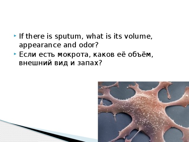 If there is sputum, what is its volume, appearance and odor? Если есть мокрота, каков её объём, внешний вид и запах?