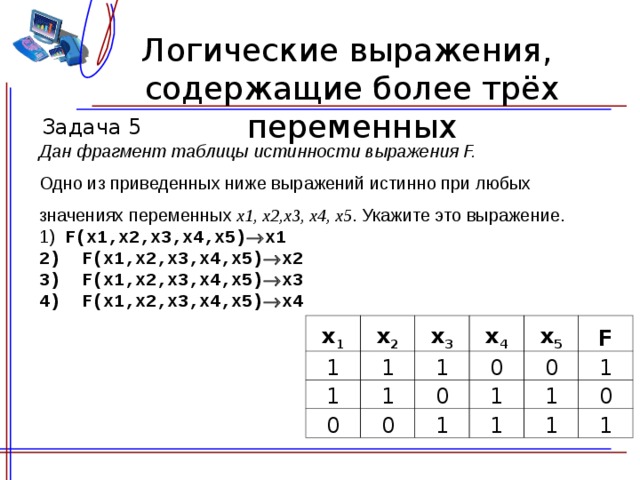 Логические выражения,  содержащие более трёх переменных Задача 5 Дан фрагмент таблицы истинности выражения F. Одно из приведенных ниже выражений истинно при любых значениях переменных x1, x2,x3, x4, x5 . Укажите это выражение. 1) F(x1,x2,x3,x4,x5)  x1 2) F(x1,x2,x3,x4,x5)  x2 3) F(x1,x2,x3,x4,x5)  x3 4) F(x1,x2,x3,x4,x5)  x4  x 1 1 x 2 1 x 3 1 1 x 4 1 0 x 5 0 0 0 1 0 1 F 1 1 1 1 0 1