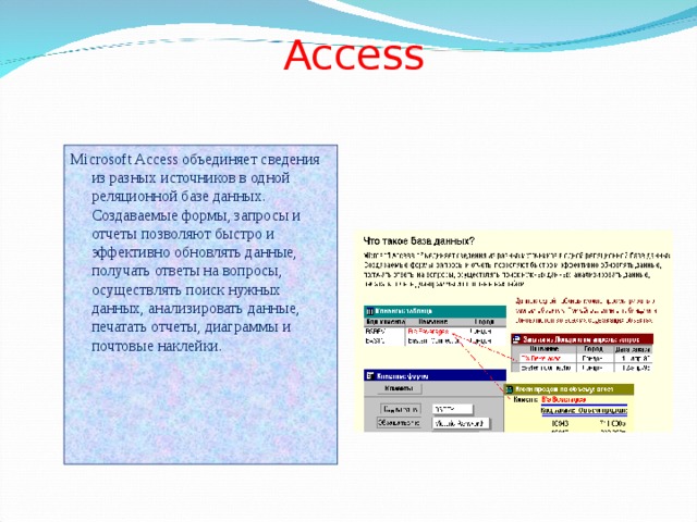 Access   Microsoft Access объединяет сведения из разных источников в одной реляционной базе данных. Создаваемые формы, запросы и отчеты позволяют быстро и эффективно обновлять данные, получать ответы на вопросы, осуществлять поиск нужных данных, анализировать данные, печатать отчеты, диаграммы и почтовые наклейки.