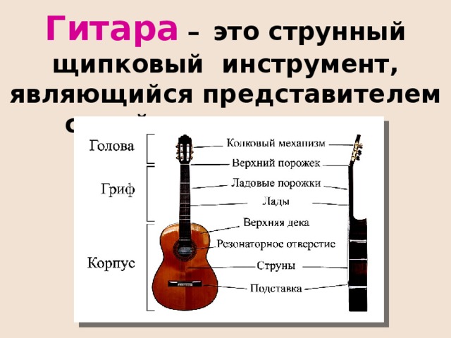 Гитара  –  это струнный щипковый инструмент, являющийся представителем семейства лютневых.