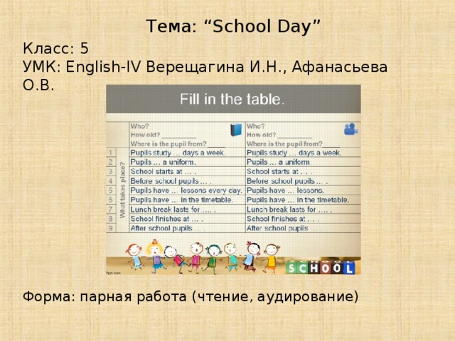 Тема: “School Day” Класс: 5 УМК: English-IV Верещагина И.Н., Афанасьева О.В. Форма: парная работа (чтение, аудирование)