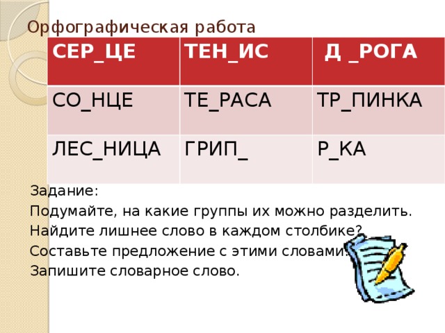 Орфографическая работа   СЕР_ЦЕ СО_НЦЕ ТЕН_ИС ТЕ_РАСА   Д _РОГА ЛЕС_НИЦА ТР_ПИНКА ГРИП_ Р_КА Задание: Подумайте, на какие группы их можно разделить. Найдите лишнее слово в каждом столбике? Составьте предложение с этими словами. Запишите словарное слово.