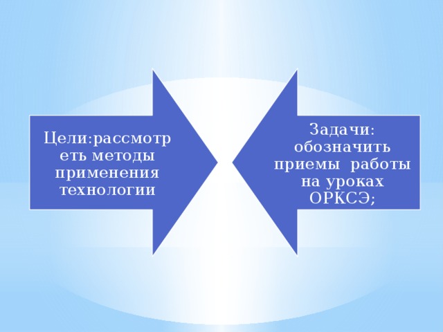 Цели:рассмотреть методы применения технологии Задачи: обозначить приемы работы на уроках ОРКСЭ;