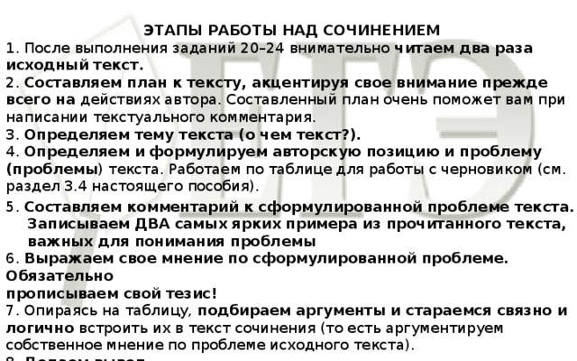 ЭТАПЫ РАБОТЫ НАД СОЧИНЕНИЕМ 1. После выполнения заданий 20–24 внимательно читаем два раза исходный текст. 2. Составляем план к тексту, акцентируя свое внимание прежде всего на действиях автора. Составленный план очень поможет вам при написании текстуального комментария. 3. Определяем тему текста (о чем текст?). 4. Определяем и формулируем авторскую позицию и проблему (проблемы ) текста. Работаем по таблице для работы с черновиком (см. раздел 3.4 настоящего пособия). 5. Составляем комментарий к сформулированной проблеме текста. Записываем ДВА самых ярких примера из прочитанного текста, важных для понимания проблемы 6. Выражаем свое мнение по сформулированной проблеме. Обязательно прописываем свой тезис! 7. Опираясь на таблицу, подбираем аргументы и стараемся связно и логично встроить их в текст сочинения (то есть аргументируем собственное мнение по проблеме исходного текста). 8. Делаем вывод. 9. Редактируем черновик. 10. Переписываем текст сочинения в бланк ответа. 11. Еще раз перечитываем текст сочинения и аккуратно вносим последние правки.