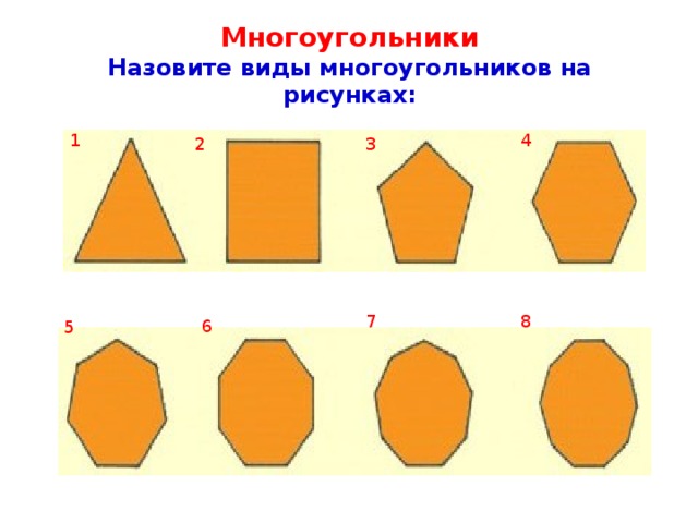 Многоугольники  Назовите виды многоугольников на рисунках: 1 4 2 3 7 8 6 5