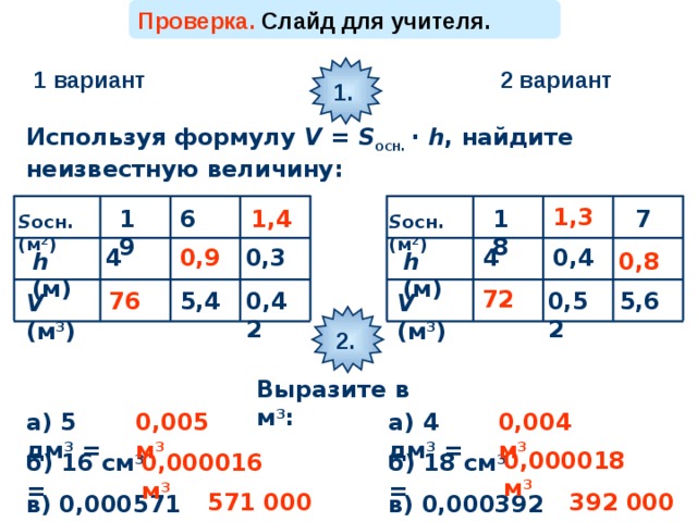Проверка. Слайд для учителя. 1. 2 вариант 1 вариант Используя формулу V = S осн. · h , найдите неизвестную величину: 1,3 1,4 6 18 7 19 S осн.(м 2 ) S осн.(м 2 ) 0,9 0,4 4 0,3 4 h (м) h (м) 0,8 72 76 5,6 0,52 5,4 0,42 V (м 3 ) V (м 3 ) 2. Слайд для учителя Выразите в м 3 : а) 5 дм 3 = 0,005 м 3 0,004 м 3 а) 4 дм 3 = 0,000018 м 3 б) 16 см 3 = б) 18 см 3 = 0,000016 м 3 571 000 м 3 392 000 м 3 в) 0,000571 км 3 = в) 0,000392 км 3 = 12