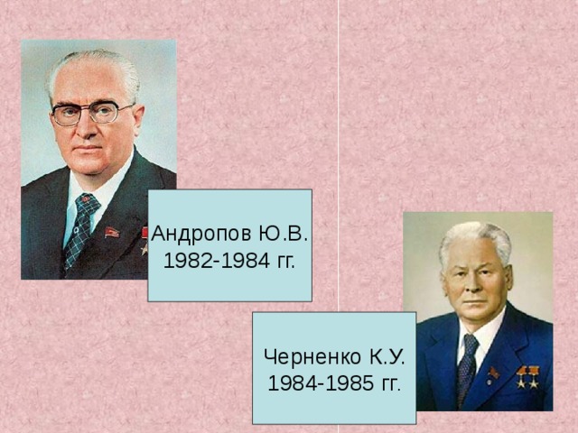 Андропов Ю.В. 1982-1984 гг. Черненко К.У. 1984-1985 гг .