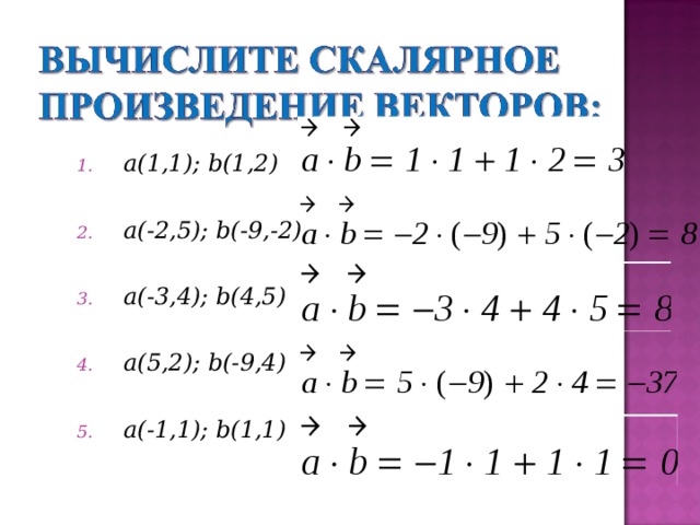 a(1,1); b(1,2)  a(-2,5); b(-9,-2)  a(-3,4); b(4,5)  a(5,2); b(-9,4)  a(-1,1); b(1,1)