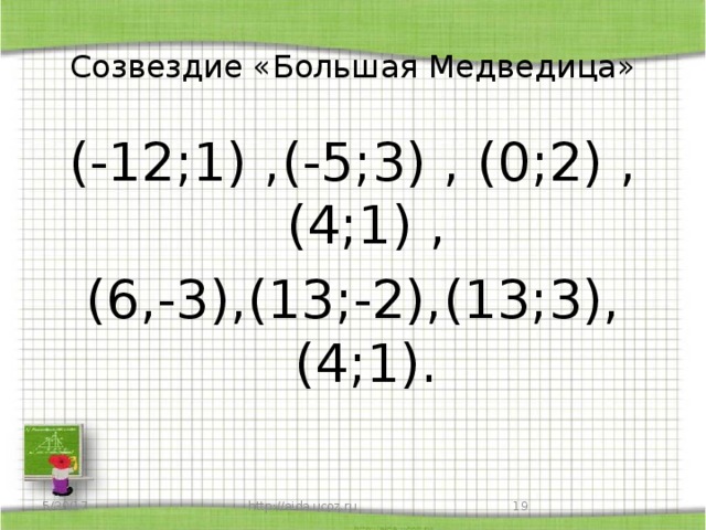 Созвездие «Большая Медведица» (-12;1) ,(-5;3) , (0;2) ,(4;1) , (6,-3),(13;-2),(13;3),(4;1). 5/30/17 http://aida.ucoz.ru 9