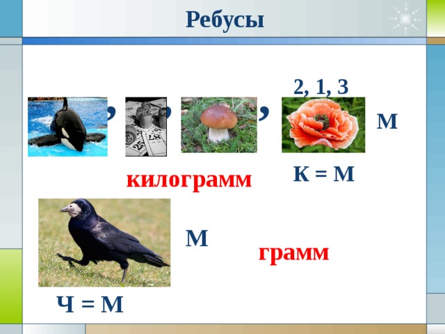 Ребусы , , , , , 2, 1, 3 М К = М килограмм М грамм Ч = М