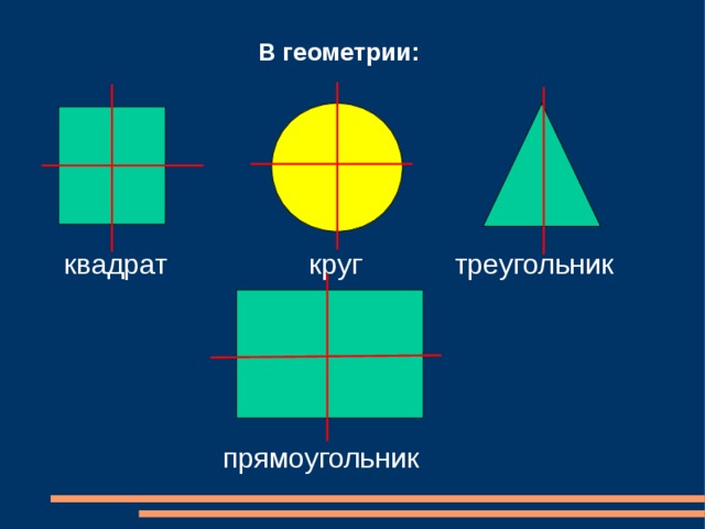 В геометрии: квадрат круг  треугольник прямоугольник