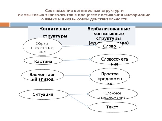 Соотношение когнитивных структур и  их языковых эквивалентов в процессе постижения информации  о языке и внеязыковой действительности   Когнитивные структуры Вербализованные когнитивные структуры (единицы языка) Образ - представление Слово Словосочетание Картина Простое предложение Элементарный эпизод Сложное предложение Ситуация Текст