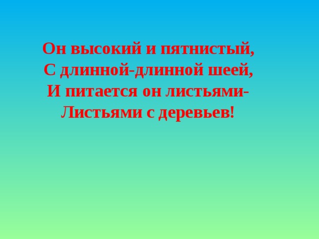 Он высокий и пятнистый, С длинной-длинной шеей, И питается он листьями- Листьями с деревьев!