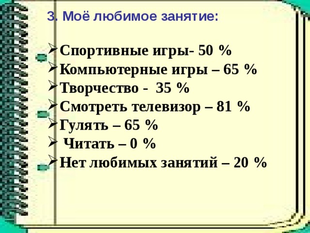 3. Моё любимое занятие:  Спортивные игры- 50 % Компьютерные игры – 6 5 % Творчество - 35 % Смотреть телевизор – 81 % Гулять – 65 %  Читать – 0 % Нет любимых занятий – 20 %