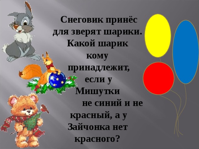 Снеговик принёс для зверят шарики. Какой шарик кому принадлежит,  если у Мишутки  не синий и не красный, а у Зайчонка нет красного?