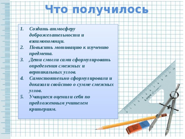 Что получилось Создать атмосферу доброжелательности и взаимопомощи. Повысить мотивацию к изучению предмета. Дети смогли сами сформулировать определения смежных и вертикальных углов. Самостоятельно сформулировали и доказали свойство о сумме смежных углов. Учащиеся оценили себя по предложенным учителем критериям.