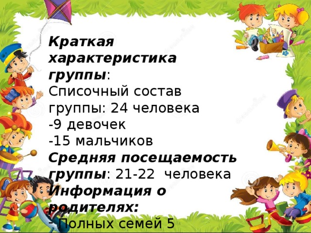 Краткая характеристика группы : Списочный состав группы: 24 человека -9 девочек -15 мальчиков Средняя посещаемость группы : 21-22 человека Информация о родителях: