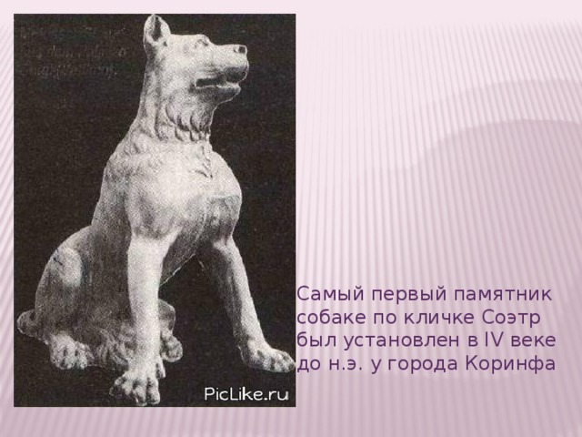 Самый первый памятник собаке по кличке Соэтр был установлен в IV веке до н.э. у города Коринфа