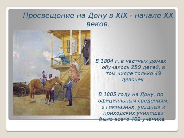 Просвещение на Дону в XIX - начале XX веков. В 1804 г. в частных домах обучалось 259 детей, в том числе только 49 девочек.  В 1805 году на Дону, по официальным сведениям, в гимназиях, уездных и приходских училищах было всего 462 ученика.